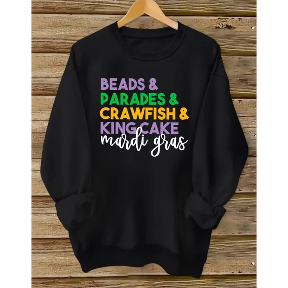 Boutique Tops - Mardi Gras Beads, Parades, Crawfish & King Cake Shirt in Black